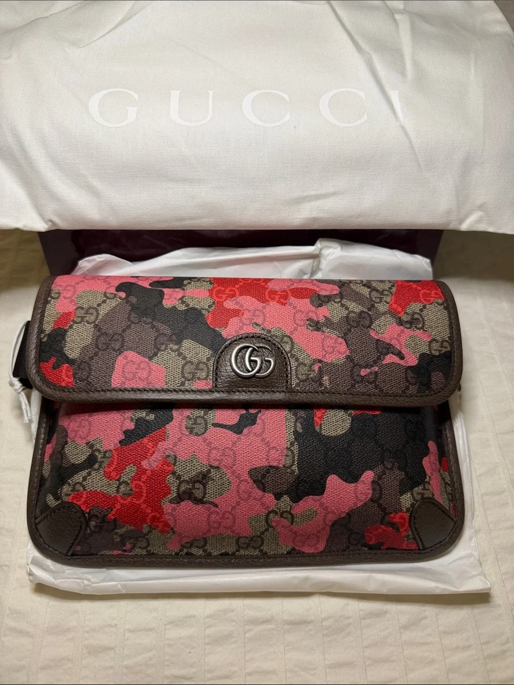 Gucci Brown, Pink & Red GG Camouflage Messenger Bag